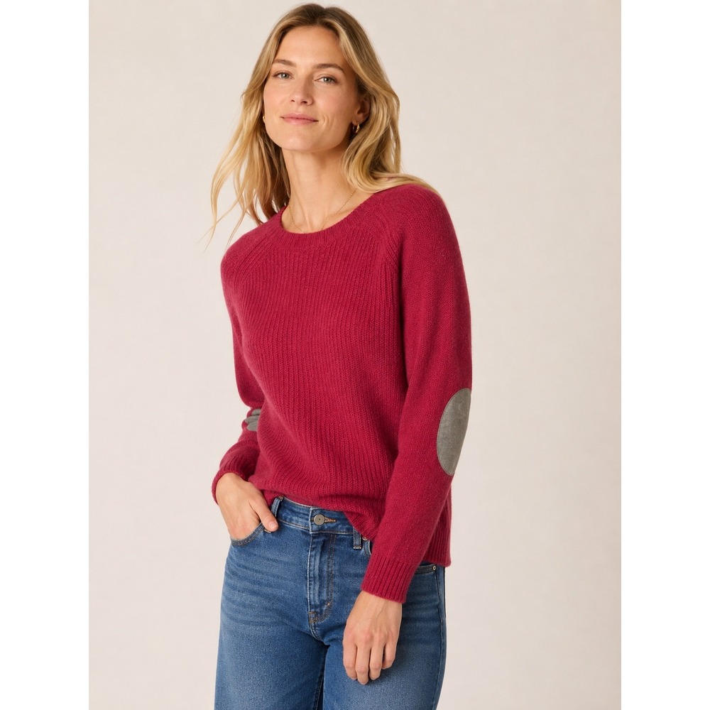 J.Crew Women Sweater XS Pink Merino Wool Elbow Patches Ribbed Raglan Pullover